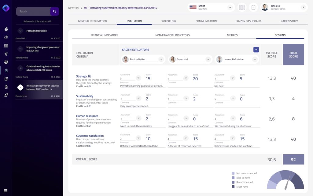 improvement and innovation projects - scoring and prioritization in ekaizen software